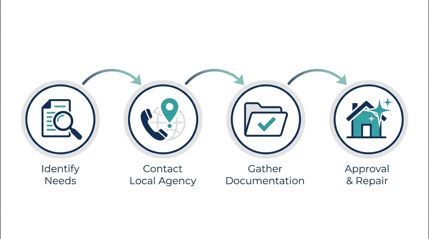 A four-step horizontal flowchart showing the process from identifying needs to getting repairs approved.