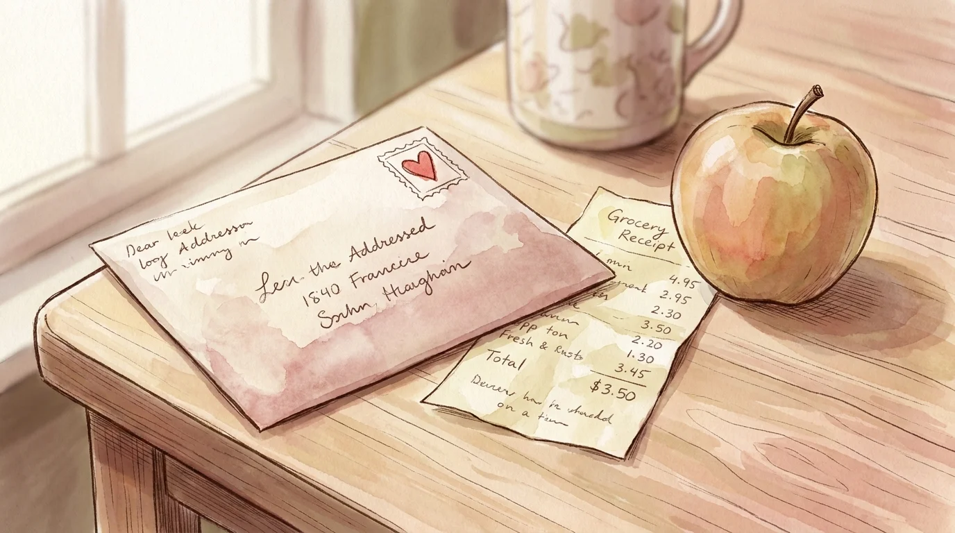 A gentle watercolor illustration of an envelope and an apple, representing local emergency food assistance.