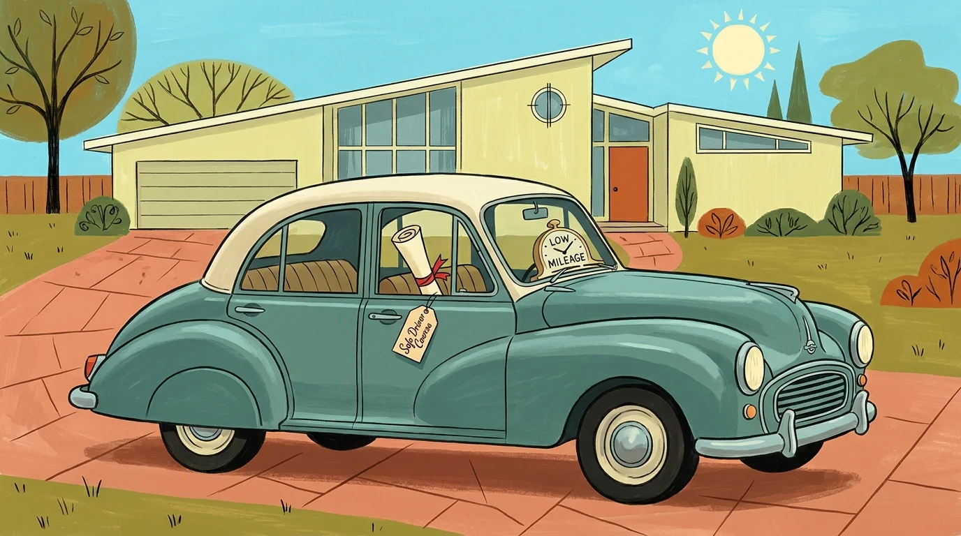 A gouache illustration of a car with a safe driver certificate on the seat, symbolizing insurance savings.