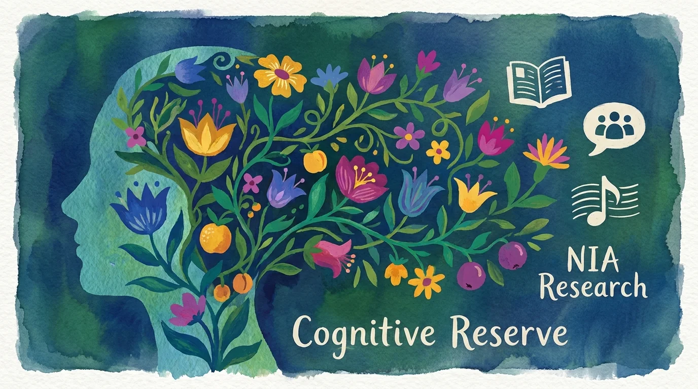 A gouache illustration of a head silhouette filled with flowers, symbolizing cognitive health and the benefits of learning.