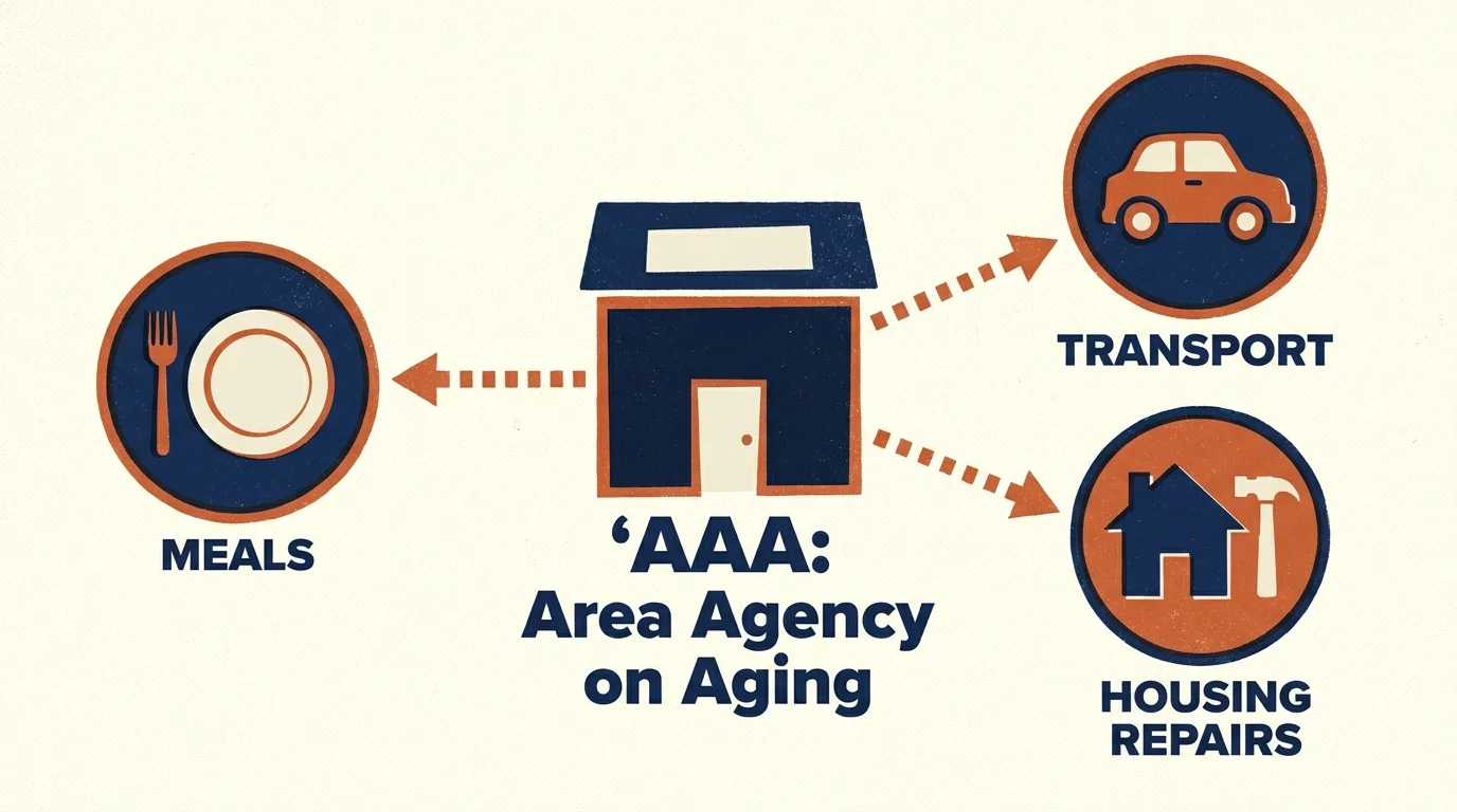 A graphic map showing an Area Agency on Aging connecting to various services like meals, transport, and housing repairs.