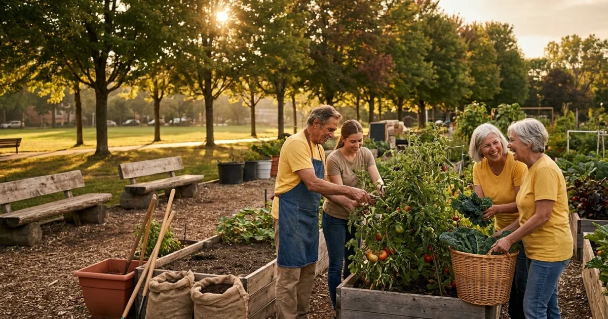 A group of active seniors gardening together in a sun-drenched community plot, symbolizing the joy and connection found in volunteering.