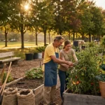 A group of active seniors gardening together in a sun-drenched community plot, symbolizing the joy and connection found in volunteering.