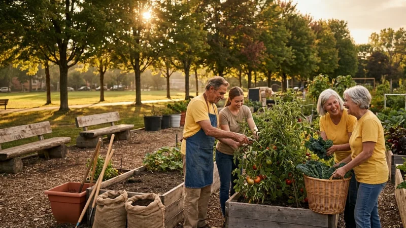 A group of active seniors gardening together in a sun-drenched community plot, symbolizing the joy and connection found in volunteering.