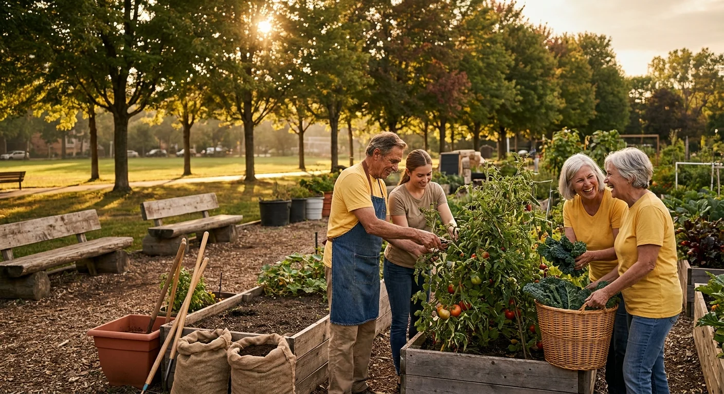 A group of active seniors gardening together in a sun-drenched community plot, symbolizing the joy and connection found in volunteering.