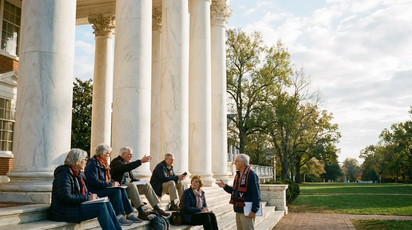 A group of older students gathered on the steps of the UVA Rotunda, reflecting the academic tradition of Virginia.