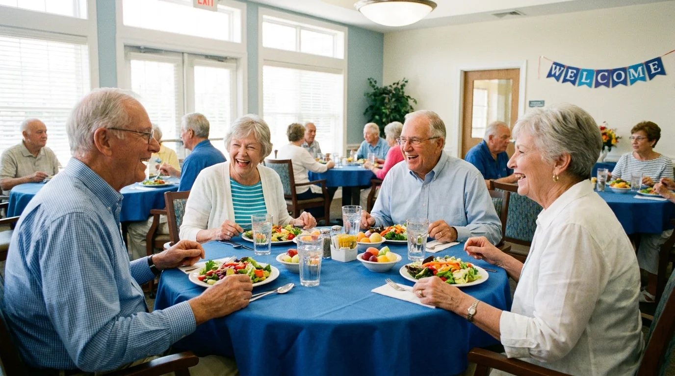 A group of seniors enjoying a healthy meal and conversation together at a community senior center.