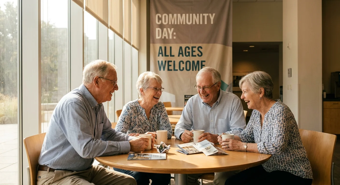 A group of seniors laughing and talking at a museum cafe table during a community event day.