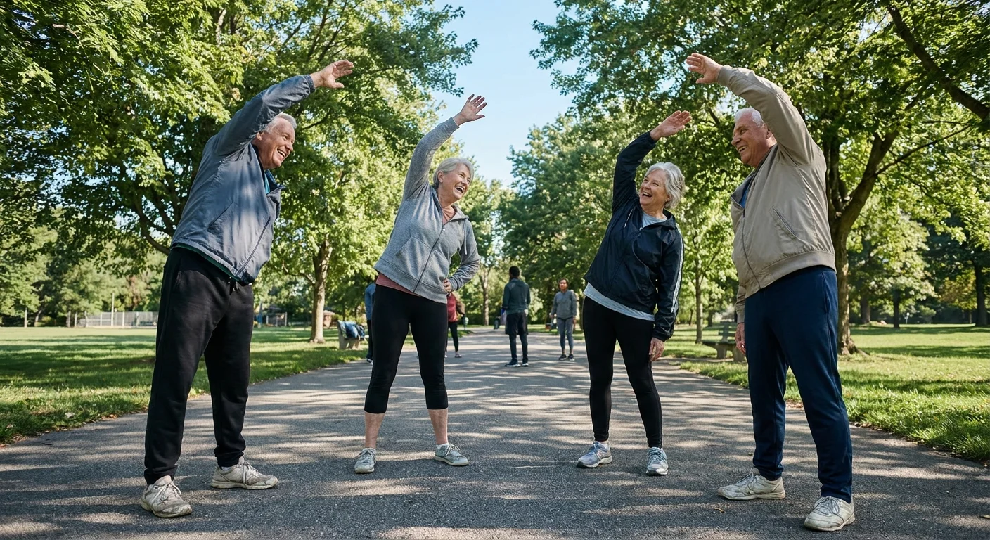 A group of seniors participating in an outdoor community fitness class in a sunlit park.