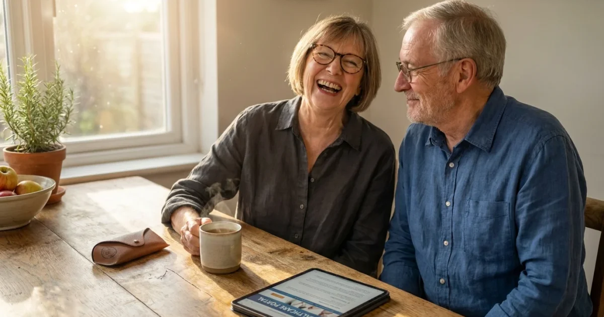 A happy senior couple sits at a sunny kitchen table, both wearing glasses and smiling, representing the benefits of vision and dental care.