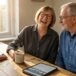 A happy senior couple sits at a sunny kitchen table, both wearing glasses and smiling, representing the benefits of vision and dental care.