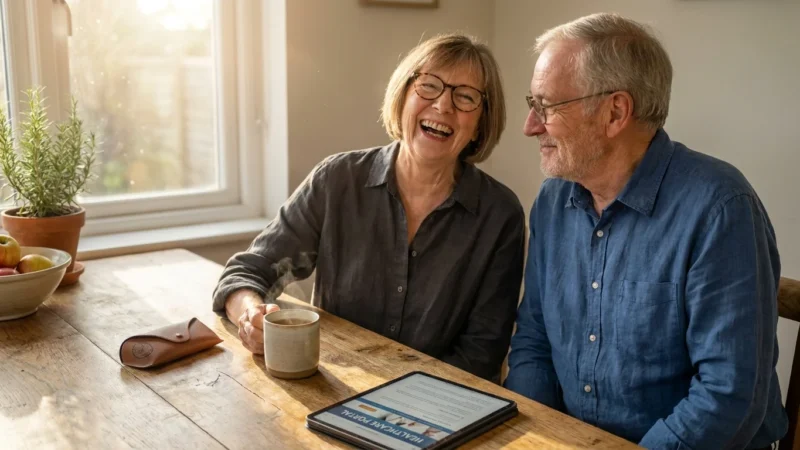 A happy senior couple sits at a sunny kitchen table, both wearing glasses and smiling, representing the benefits of vision and dental care.