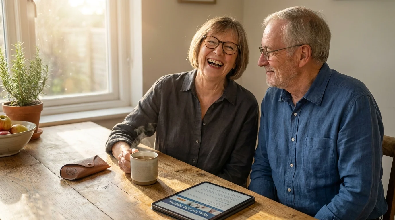 A happy senior couple sits at a sunny kitchen table, both wearing glasses and smiling, representing the benefits of vision and dental care.