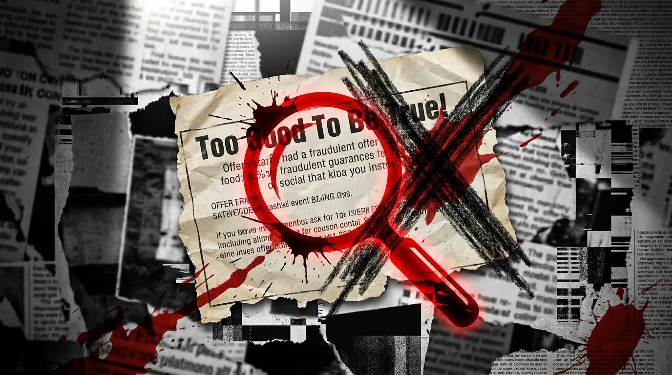 A high-contrast red and black collage with a magnifying glass over torn documents, symbolizing scam protection.