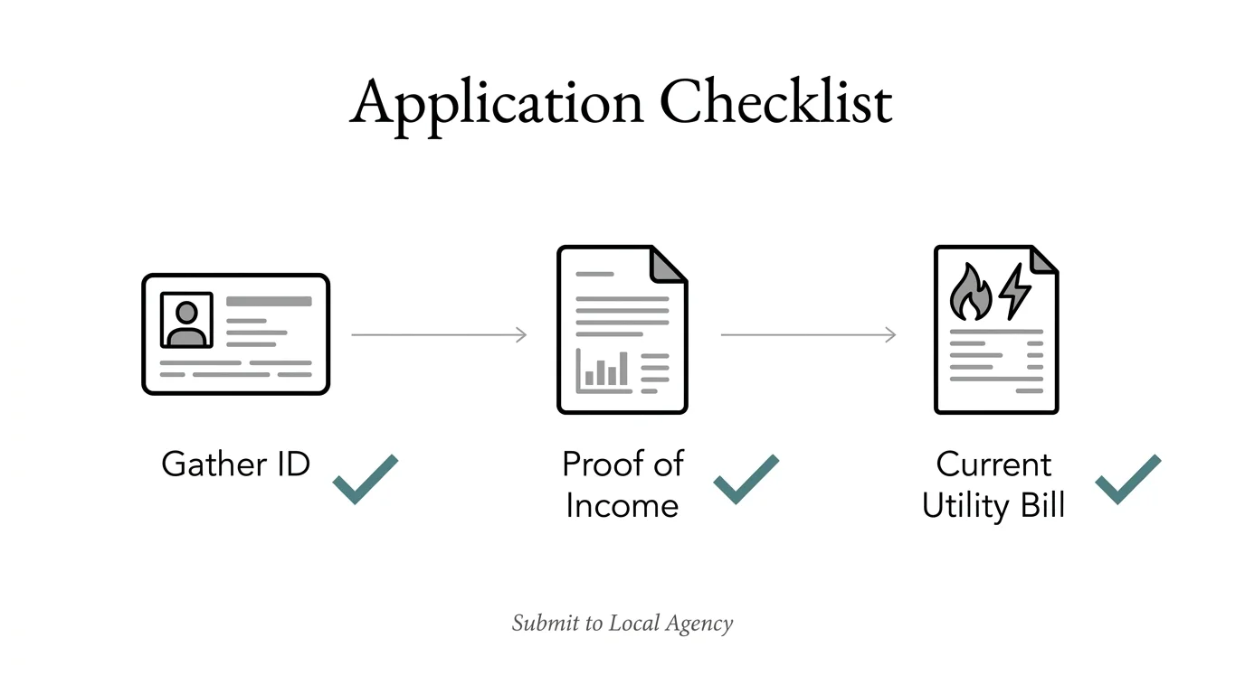 A horizontal 3-step diagram showing the documents needed for a utility assistance application: ID, income proof, and bill.
