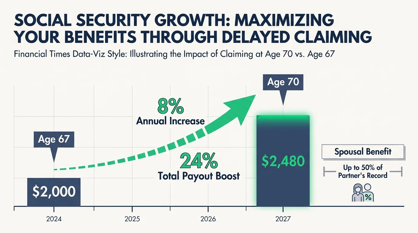 A horizontal bar chart comparing Social Security benefits at age 67 versus age 70, showing the 24 percent increase.