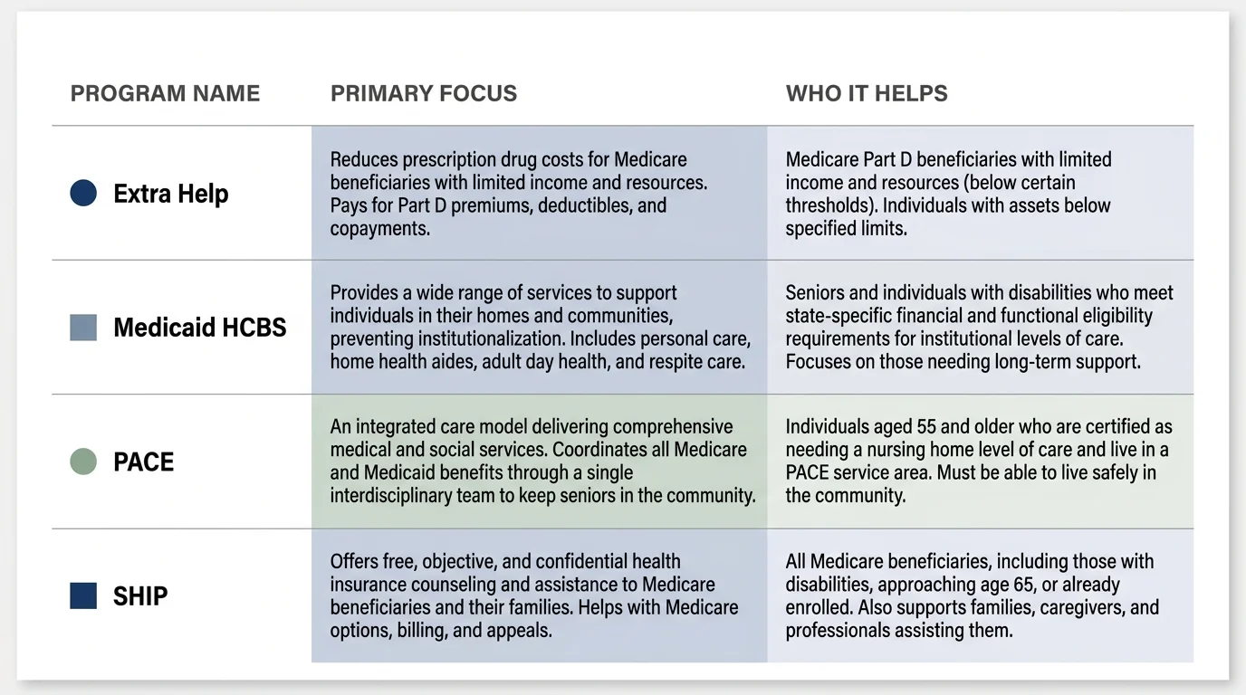 A horizontal comparison table listing the focus and target audience for Extra Help, HCBS, PACE, and SHIP.