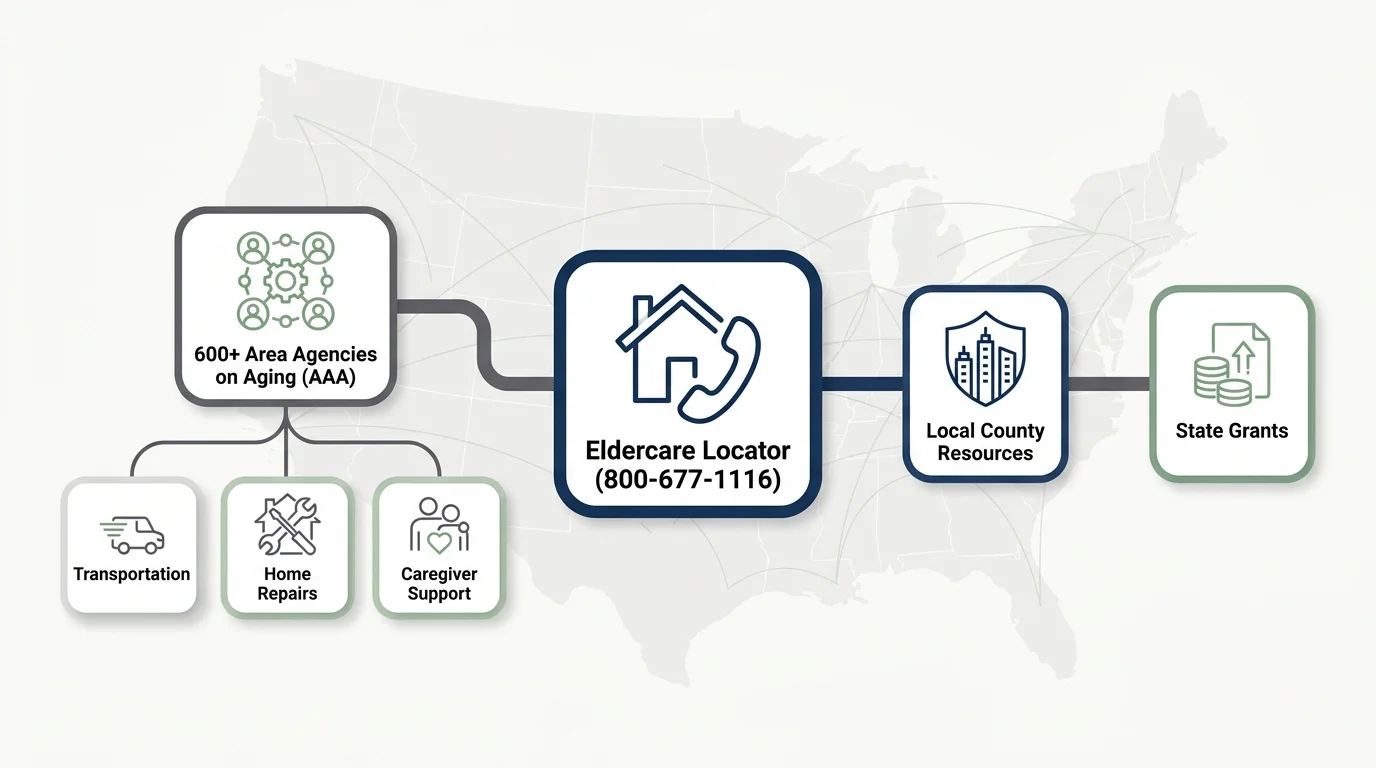 A horizontal diagram showing how the Eldercare Locator connects seniors to over 600 local Area Agencies on Aging and specific services.