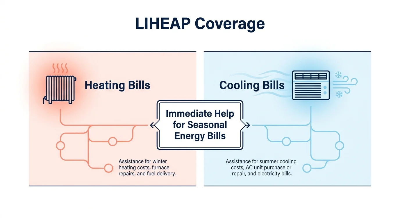 A horizontal diagram showing that LIHEAP covers both heating and cooling bills for seasonal assistance.