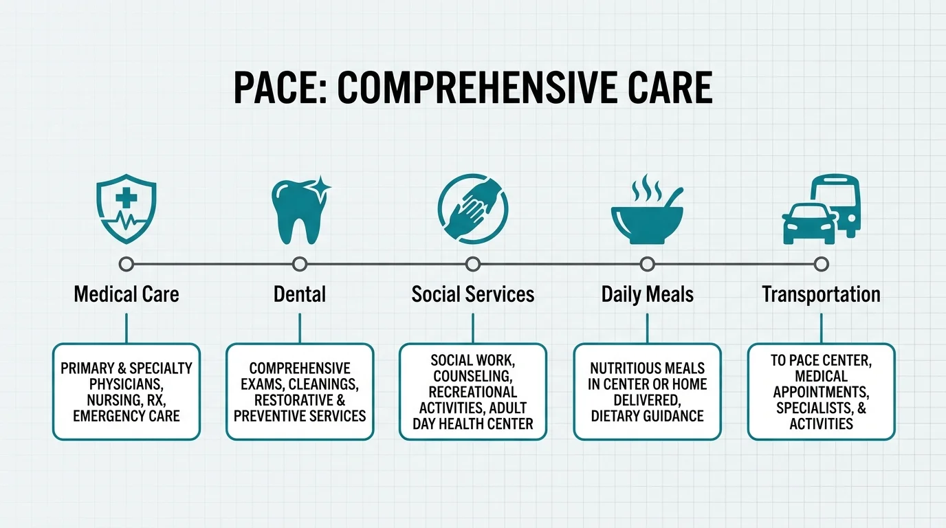 A horizontal diagram showing the all-inclusive services provided by PACE, including medical, dental, meals, and transport.