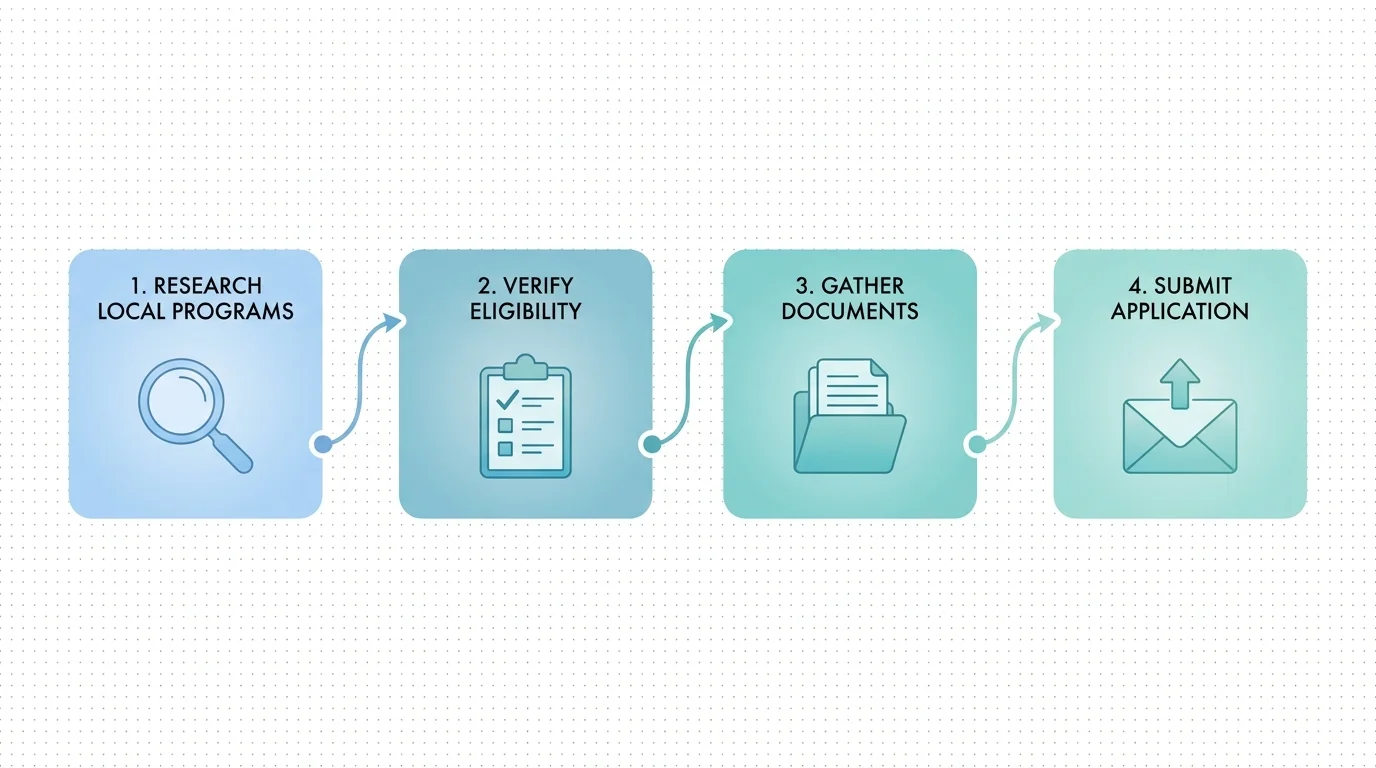 A horizontal flowchart showing the four steps to apply for free care: Research, Verify, Gather, and Submit.