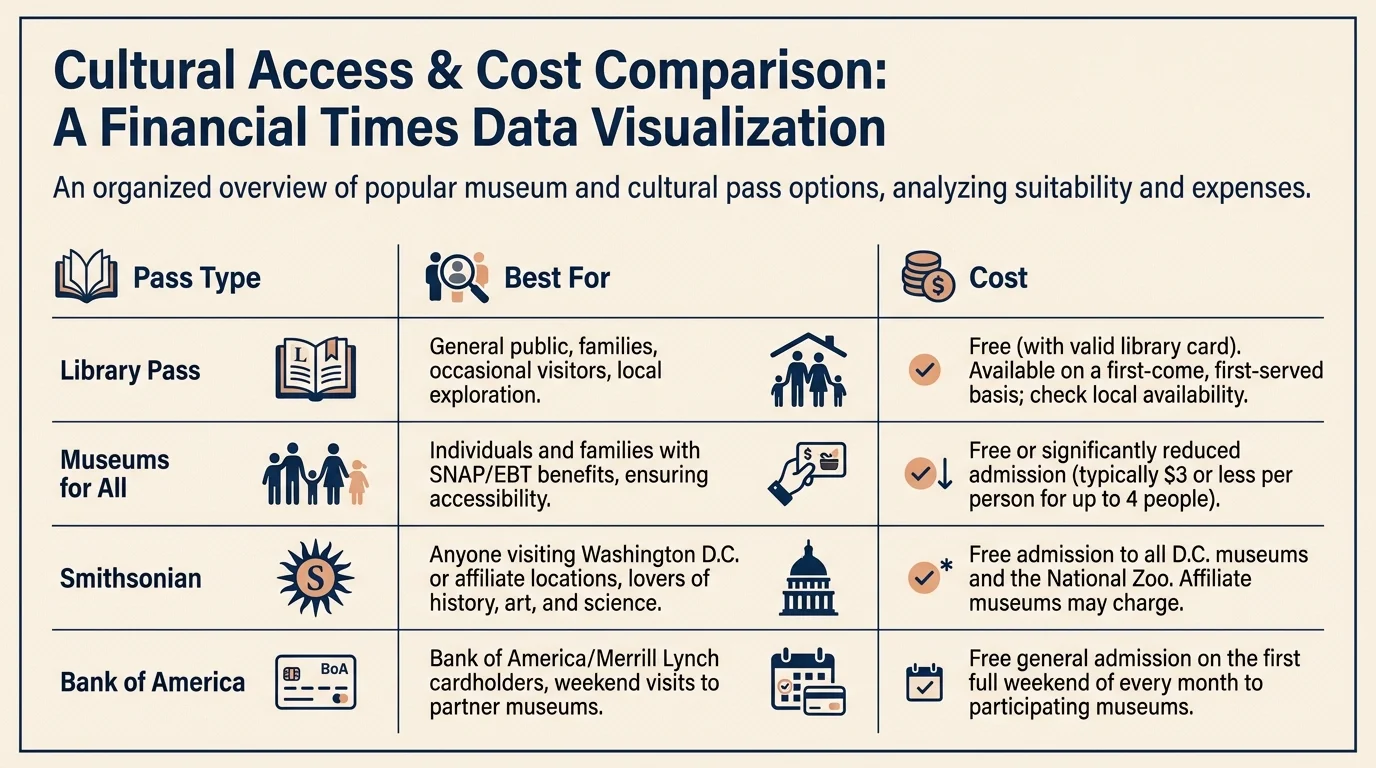 A horizontal infographic chart comparing different museum pass types and their benefits.