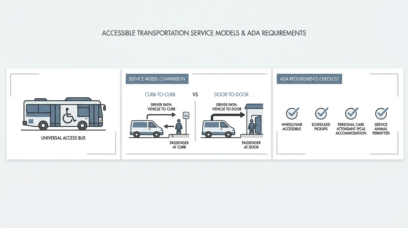 A horizontal infographic explaining ADA paratransit services, showing the difference between curb-to-curb and door-to-door aid.