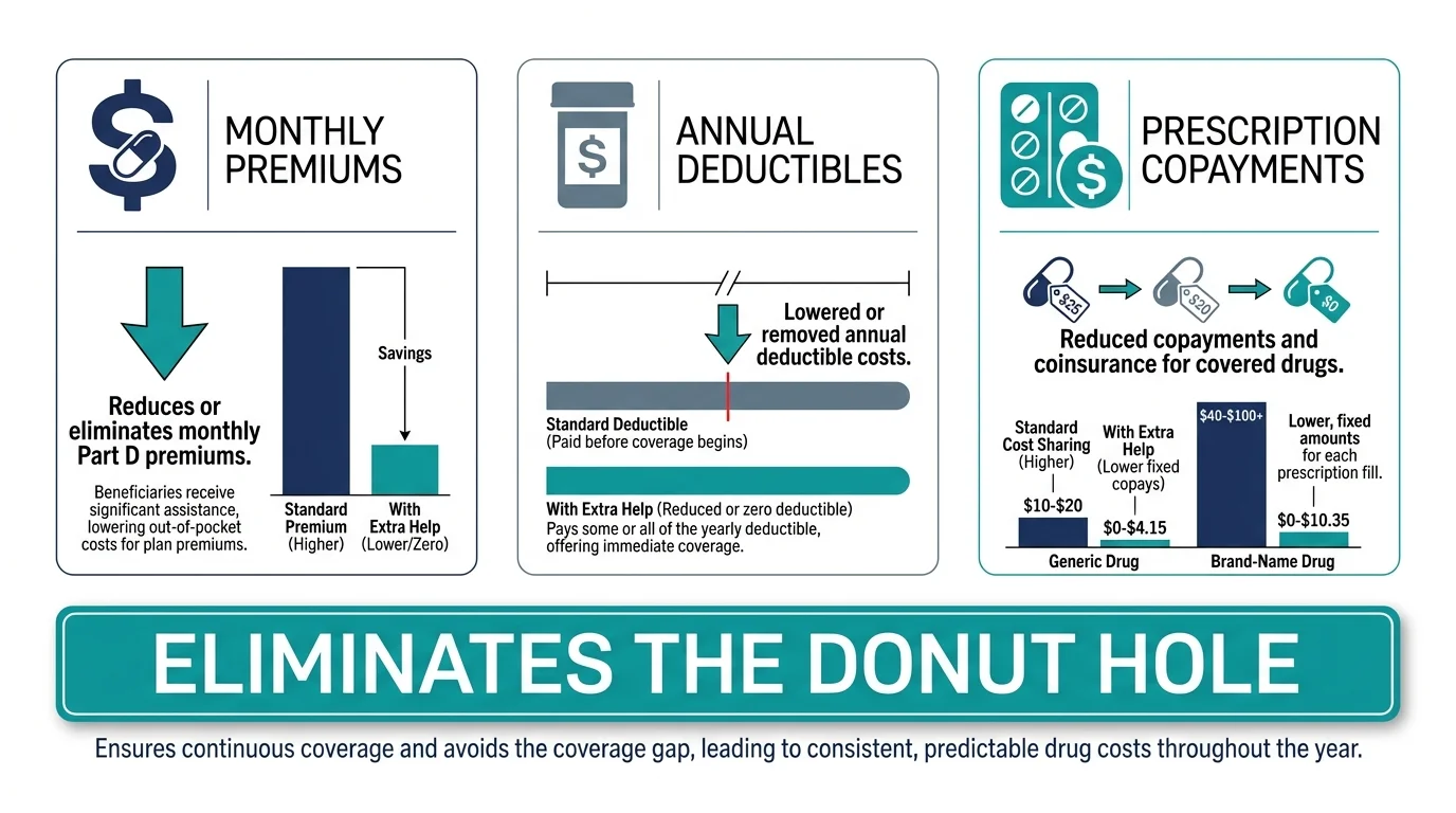 A horizontal infographic showing how Medicare Extra Help covers premiums, deductibles, and copayments to eliminate the coverage gap.