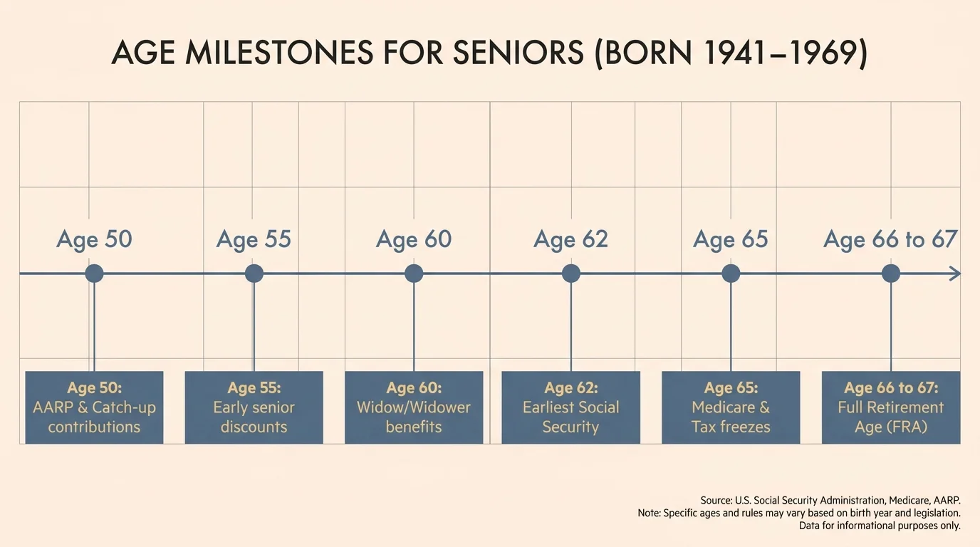 A horizontal timeline showing senior benefit eligibility ages from 50 to 67, including Social Security and Medicare milestones.