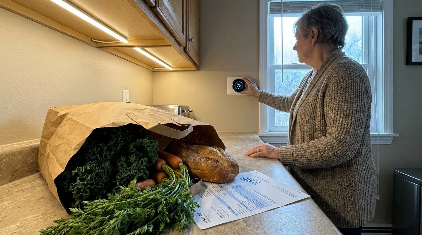 A kitchen counter with a bag of fresh groceries and a utility bill, showing the benefits of nutrition and housing assistance.