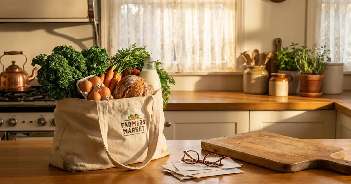 A kitchen counter with a reusable bag full of fresh, healthy groceries like kale and carrots in a warm, sunlit home.