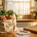 A kitchen counter with a reusable bag full of fresh, healthy groceries like kale and carrots in a warm, sunlit home.
