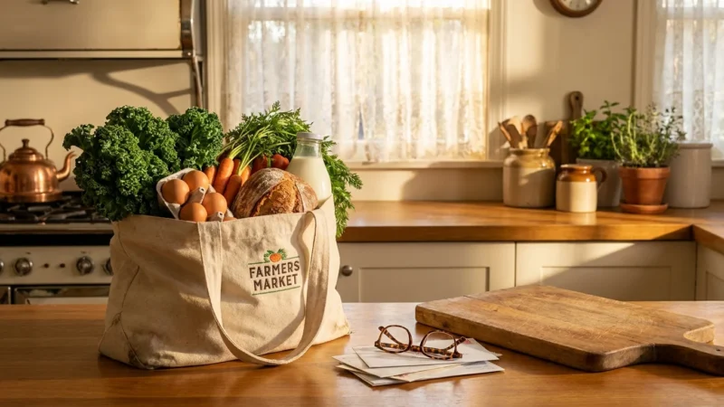 A kitchen counter with a reusable bag full of fresh, healthy groceries like kale and carrots in a warm, sunlit home.