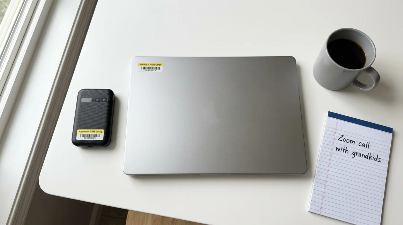 A laptop and Wi-Fi hotspot on a kitchen table, both bearing library asset tags, next to a coffee mug.