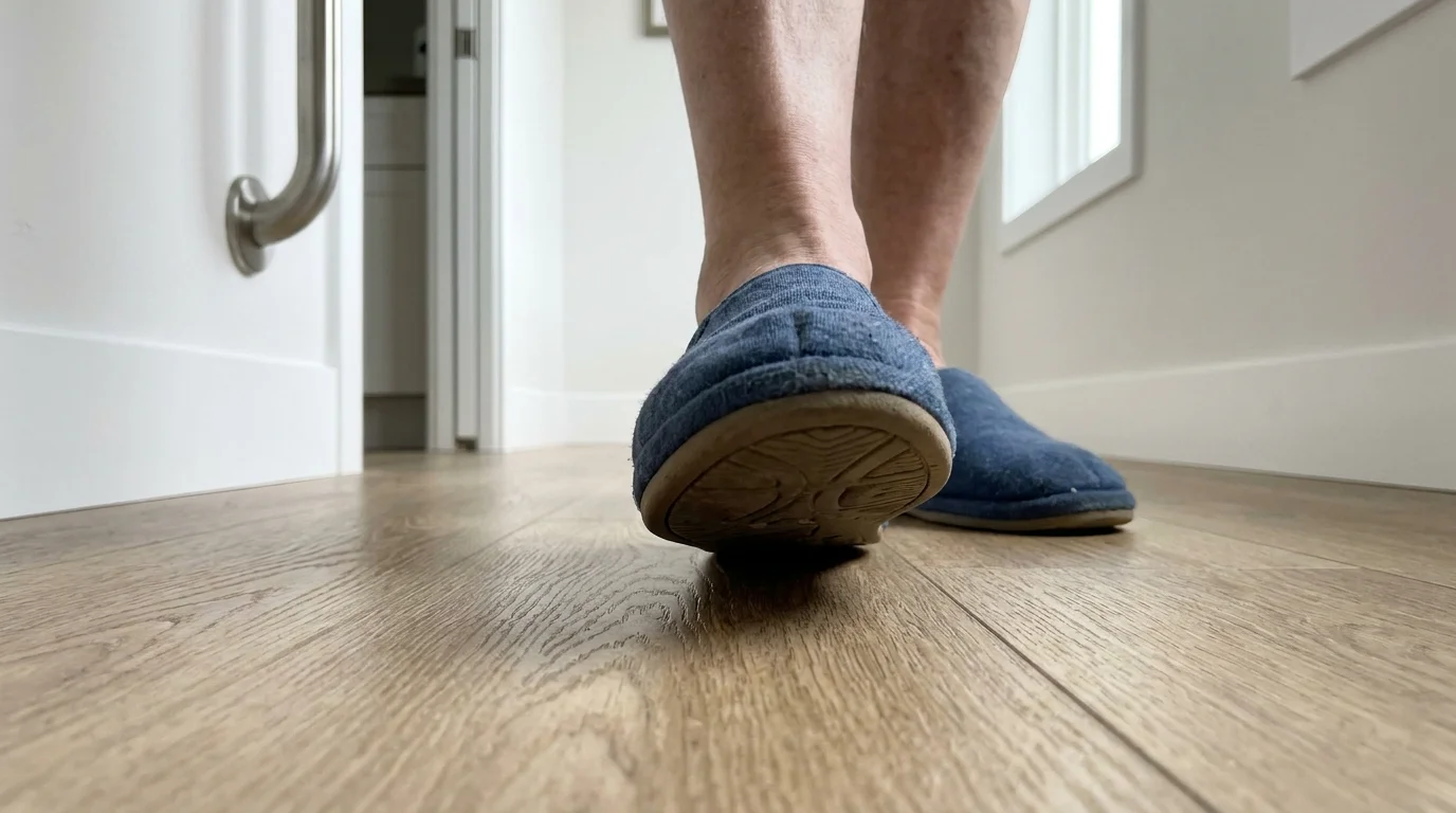 A low-angle photo of an older person in slippers walking safely on new, non-slip wood-textured flooring.