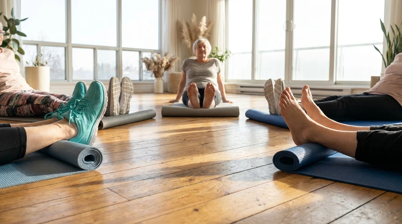 A low-angle photo of seniors' feet on yoga mats in a sunlit fitness studio.