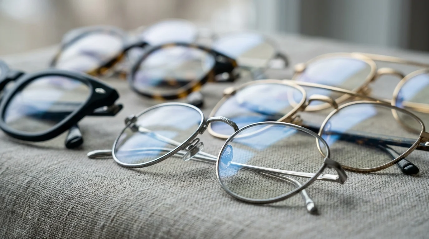 A macro shot of several pairs of eyeglasses on a linen cloth, representing the variety of vision assistance available to seniors.
