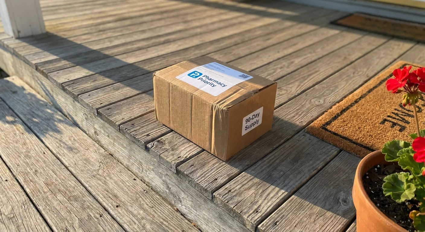 A mail-order pharmacy box containing a 90-day supply of medicine sitting on a home's front porch.