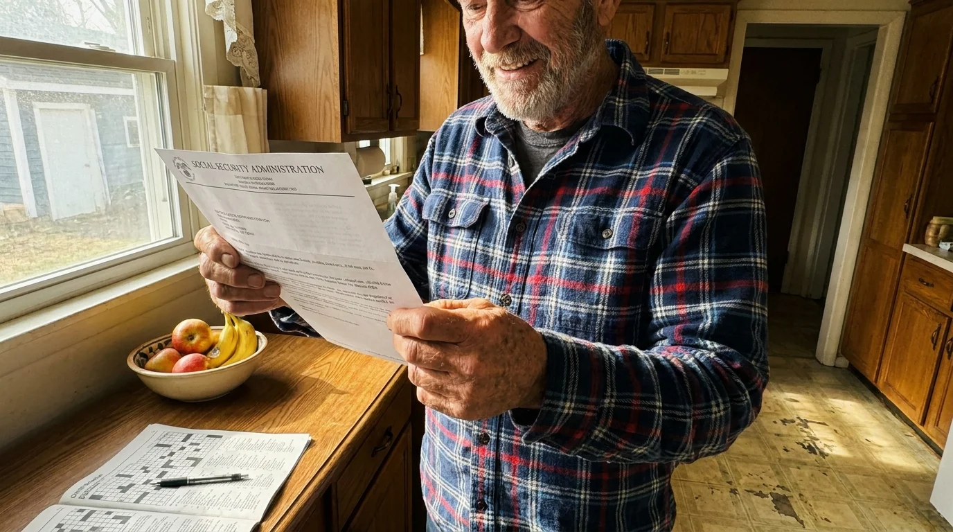 A man in a casual flannel shirt stands in his kitchen looking at his Social Security Award Letter with a look of relief.