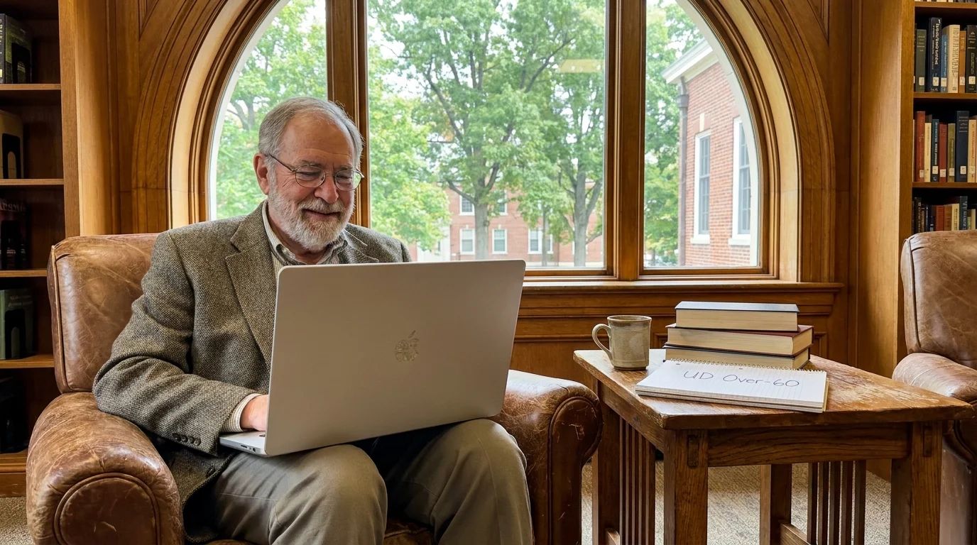 A man in his 60s studying with a laptop in a comfortable, sunlit University of Delaware library.