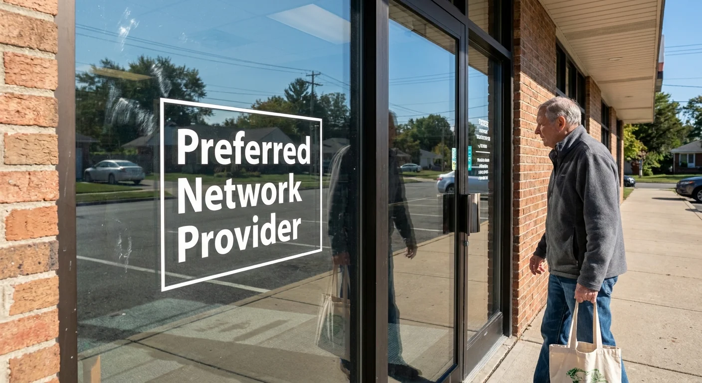 A man walking into a pharmacy that has a 'Preferred Network Provider' sign on the front door.
