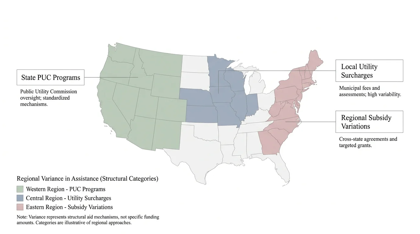 A map-based diagram showing that telecommunications assistance varies by state and local jurisdiction.