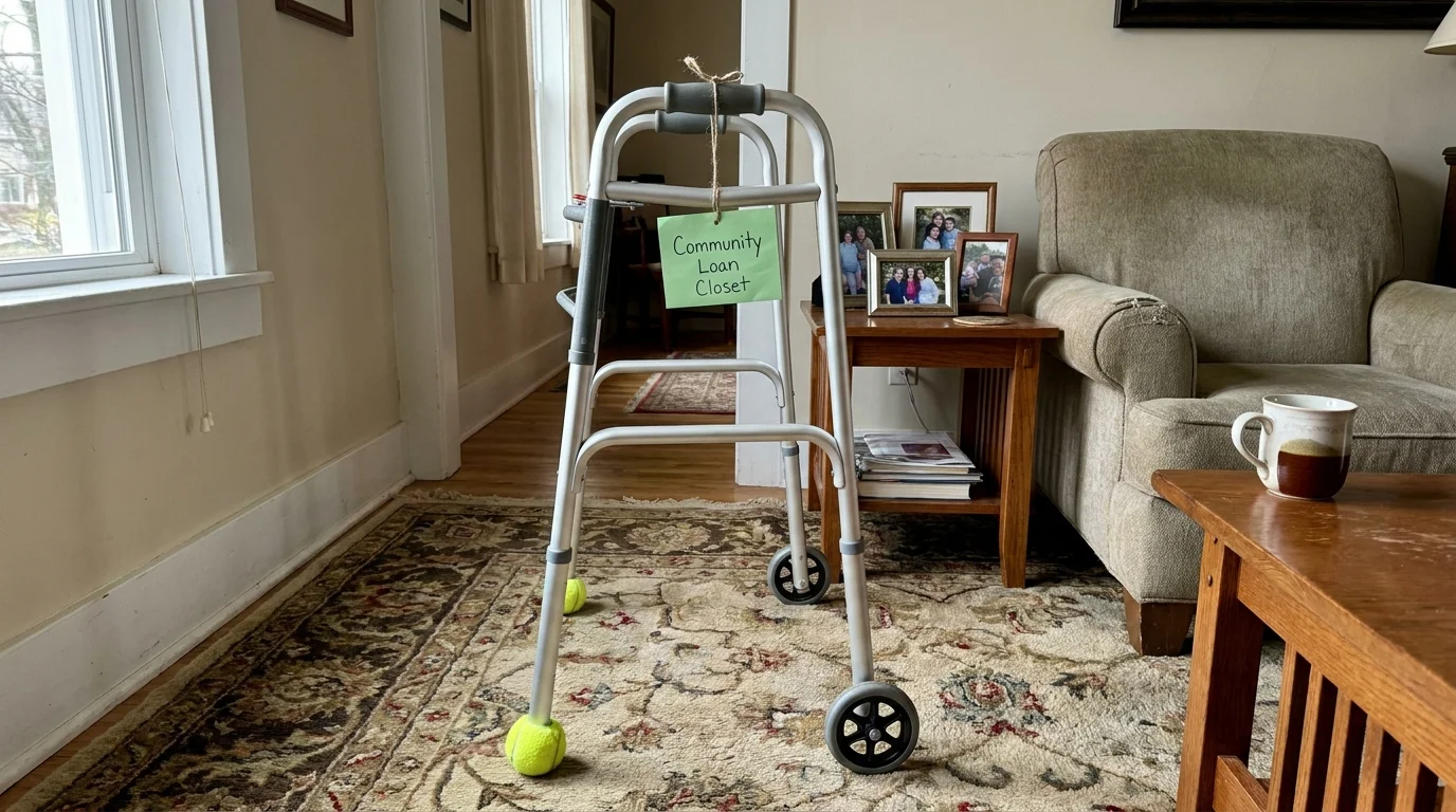 A medical walker with tennis balls on its legs and a loan tag sits in a cozy, sunlit living room hallway.