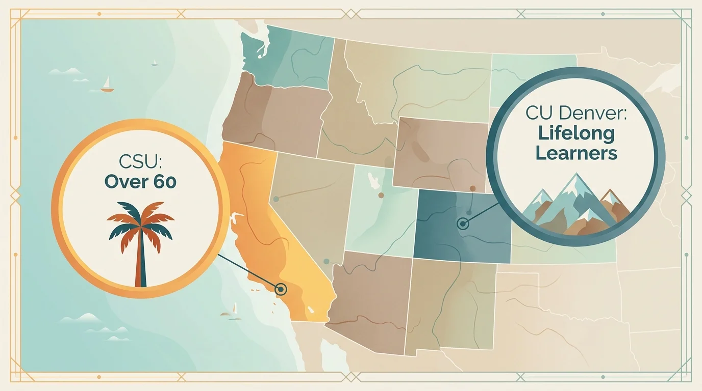 A minimalist infographic map highlighting senior education programs in California and Colorado.