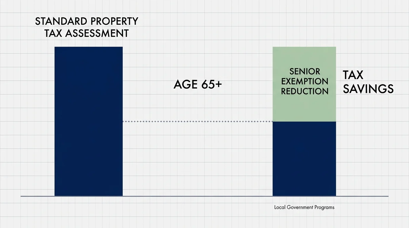 A minimalist infographic showing how a senior property tax exemption reduces the total tax assessment.