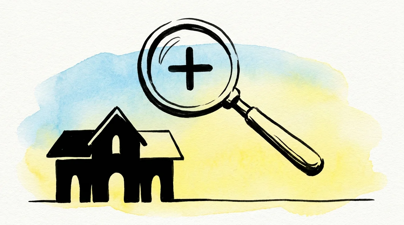 A minimalist ink and watercolor illustration of a community center being highlighted by a magnifying glass.