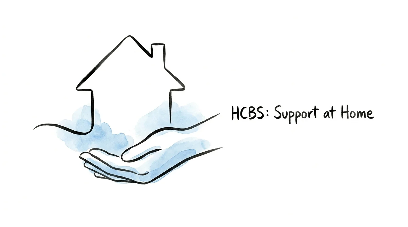 A minimalist ink drawing of a house being gently cradled by two hands, symbolizing home-based support services.