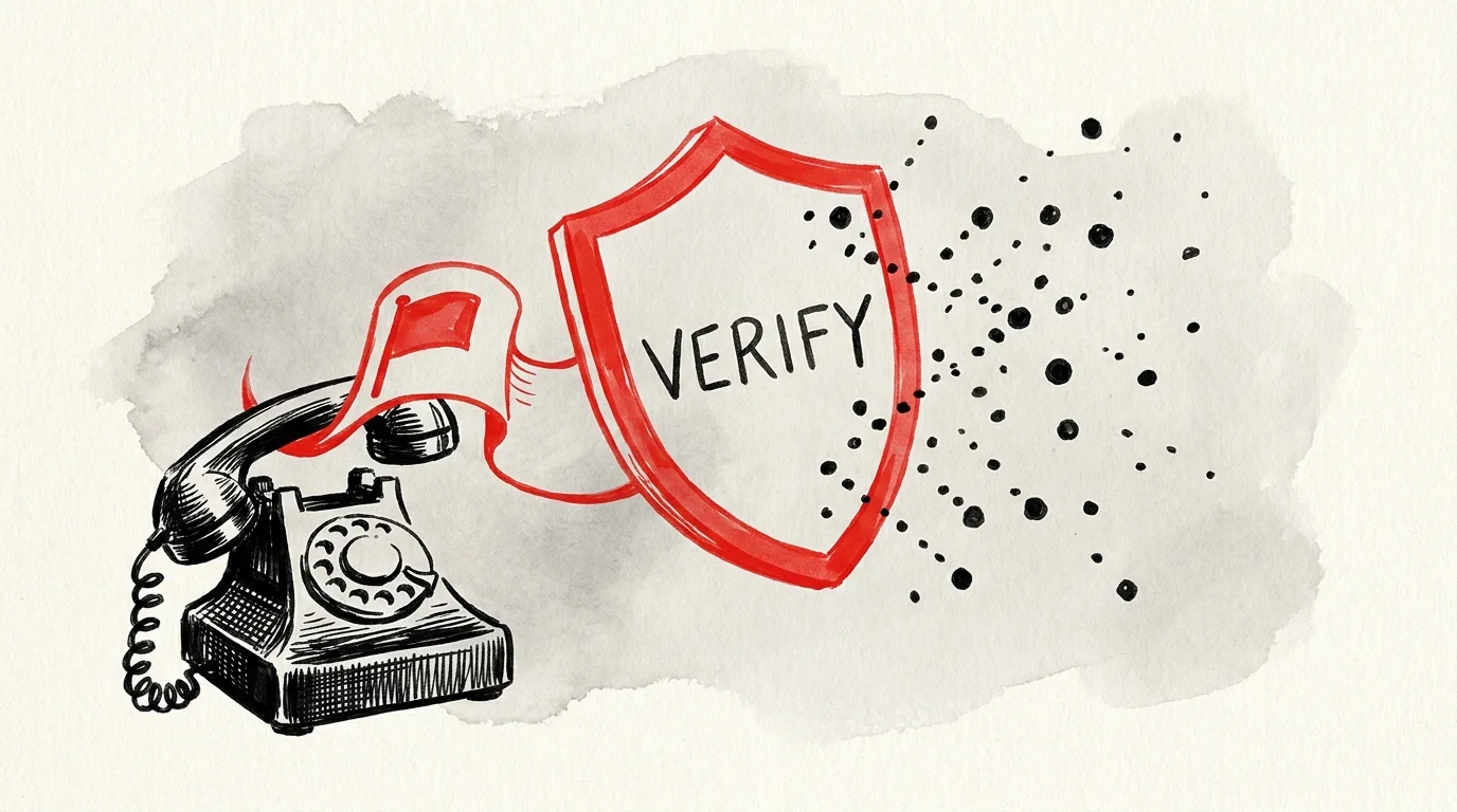 A minimalist ink illustration showing a telephone with a red flag and a shield, symbolizing protection against scams.