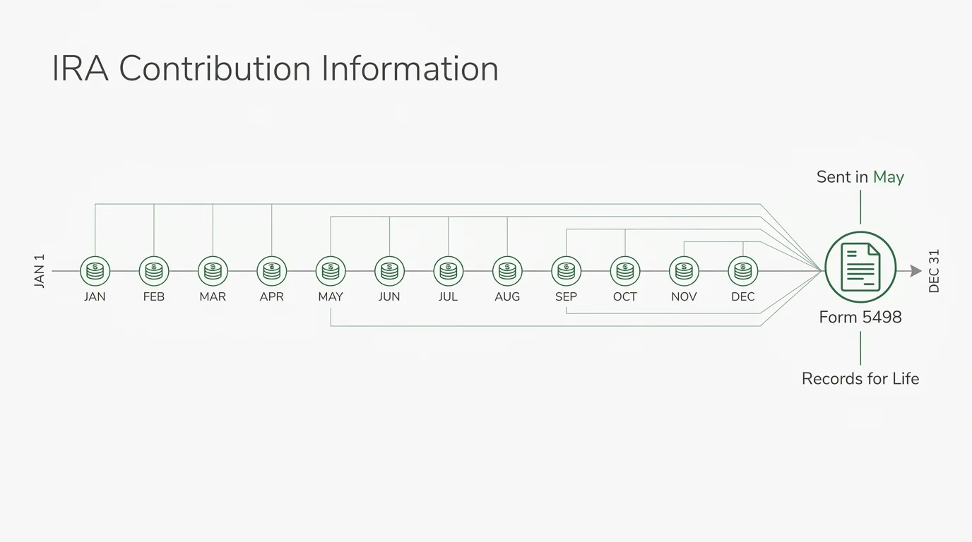 A minimalist timeline diagram showing monthly IRA contributions culminating in the receipt of Form 5498.