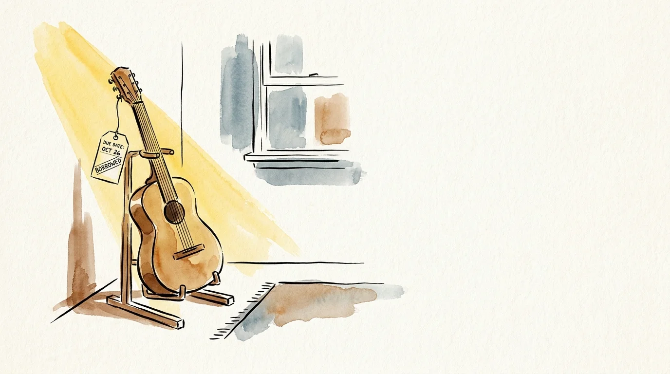 A minimalist watercolor illustration of an acoustic guitar with a library checkout tag in a sunlit corner.